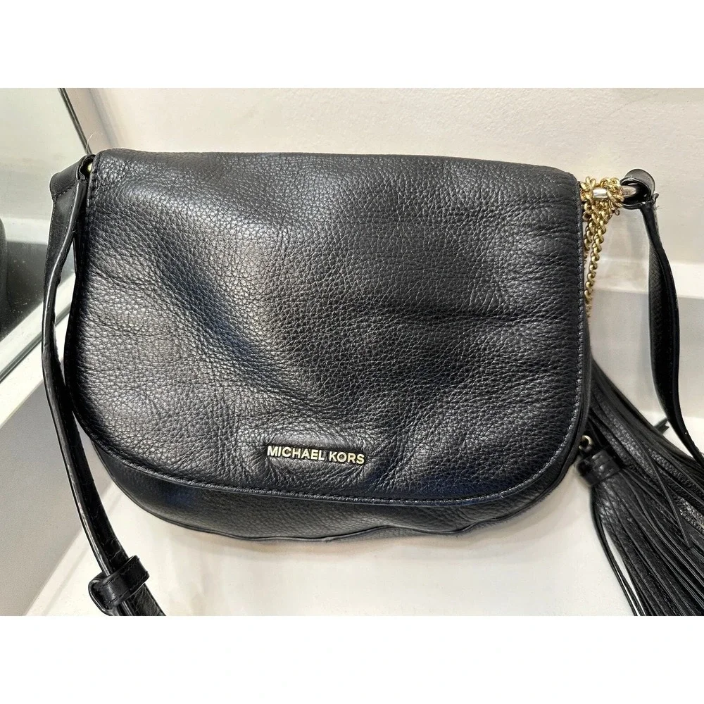 Michael‎ Kors Black Leather Tassel Crossbody Bag Gold Chain Strap